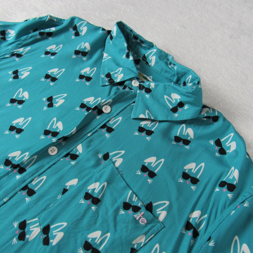 Tipsy Elves Peeps Shirt Mens Large Teal Short Sleeve Bunny Sunglasses